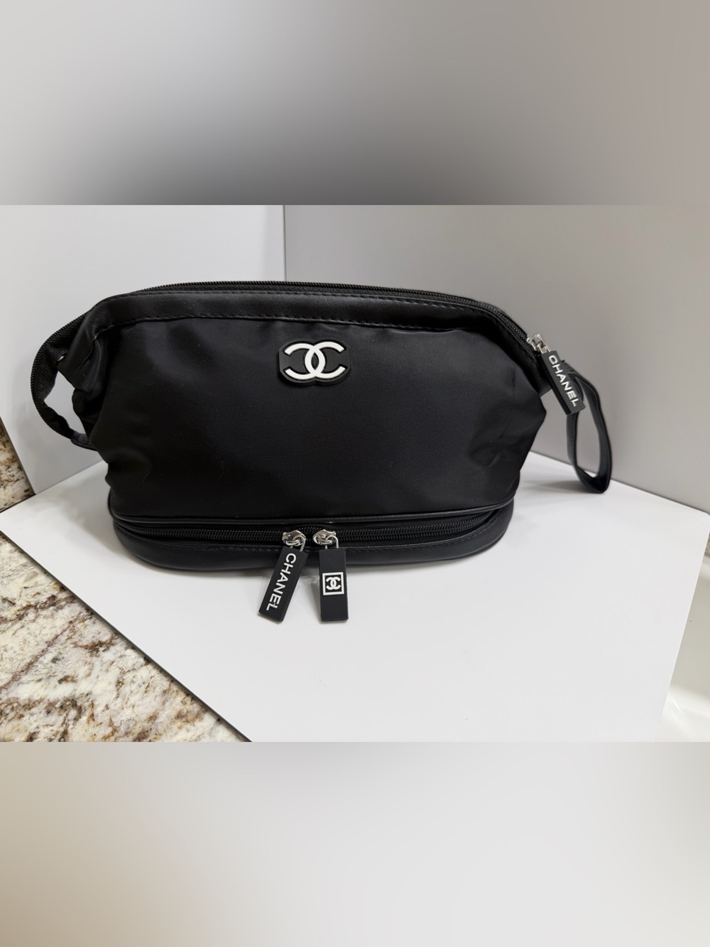 CHANEL Beauty- Black Cosmetic Pouch with White CC and Logo Tag